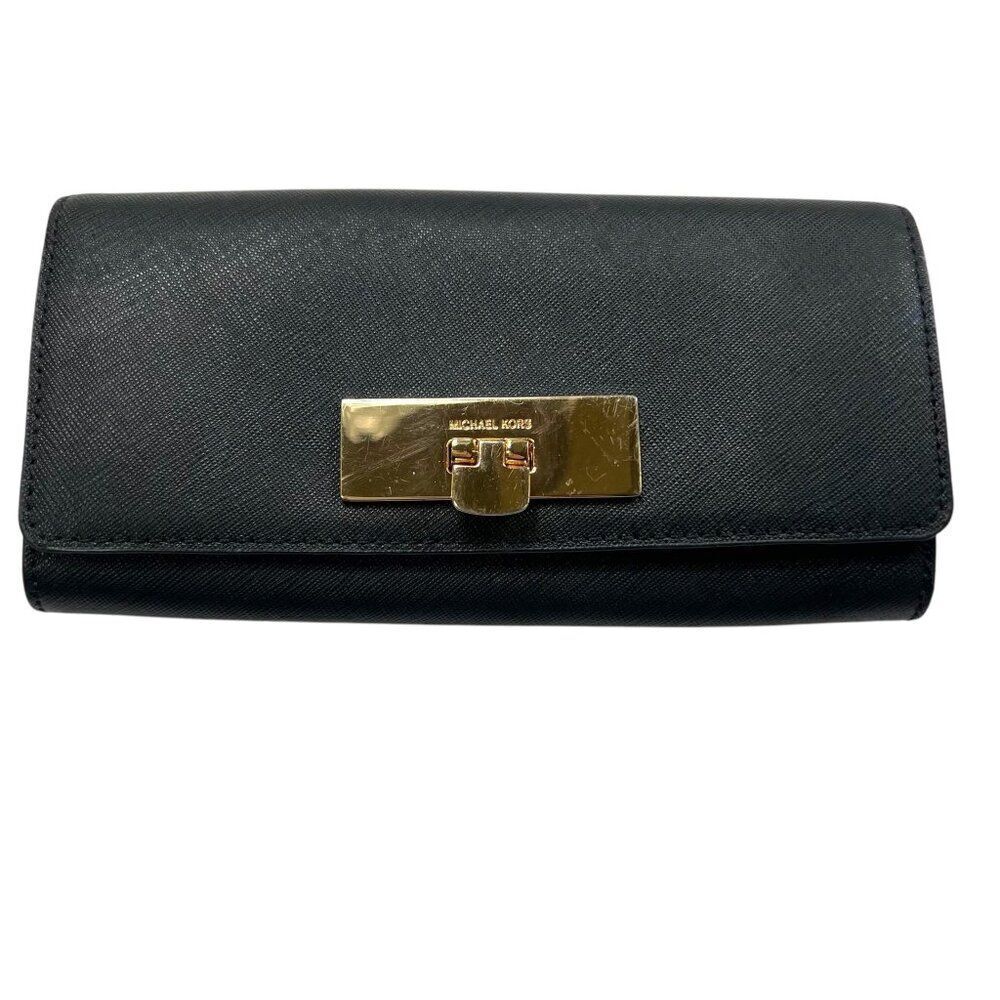 Michael Kors Callie Carryall Accordian Wallet Crossgrain Leather Black
